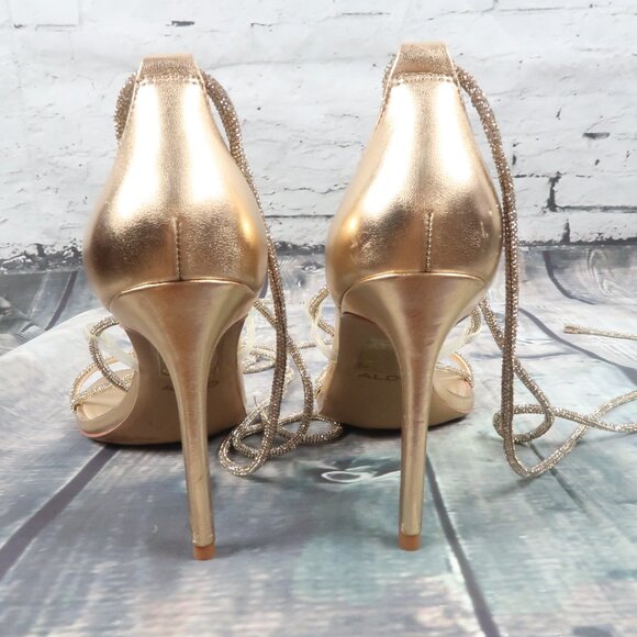 ALDO GOLD RHINESTONE SPARKLY GLADIATOR STRAPPY 4" HEELS SIZE 8.5 - Picture 10 of 12